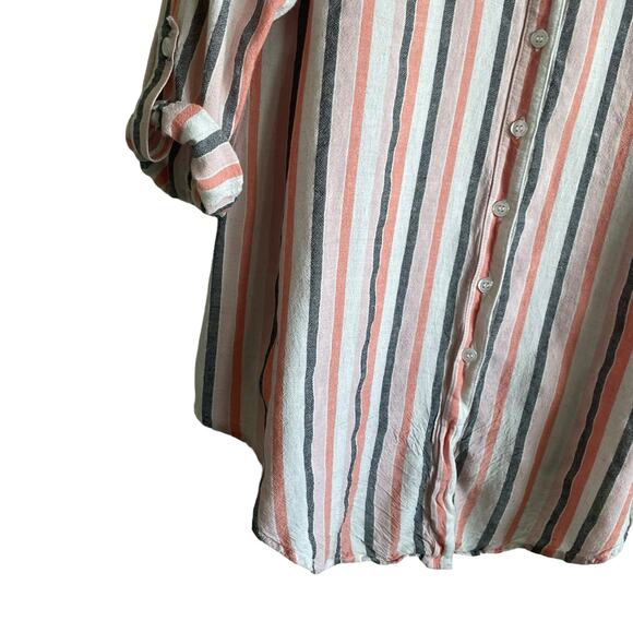 AGB Women Tunic Top L Multicolor Striped Roll Tab Long Sleeve Beachy Coastal - Picture 7 of 11